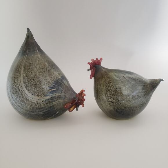 Rene Burri Mundgeblasen Blown Art Glass Chicken Figurines Lot Of 2 Charcoal - Picture 1 of 16